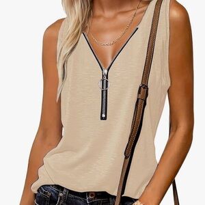 Women's Tan Zipper V-Neck Top
